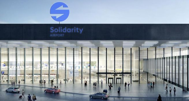 Logo Centralnego Portu Komunikacyjnego pokazane na wizualizacji, do której nie pozyskano praw autorskich