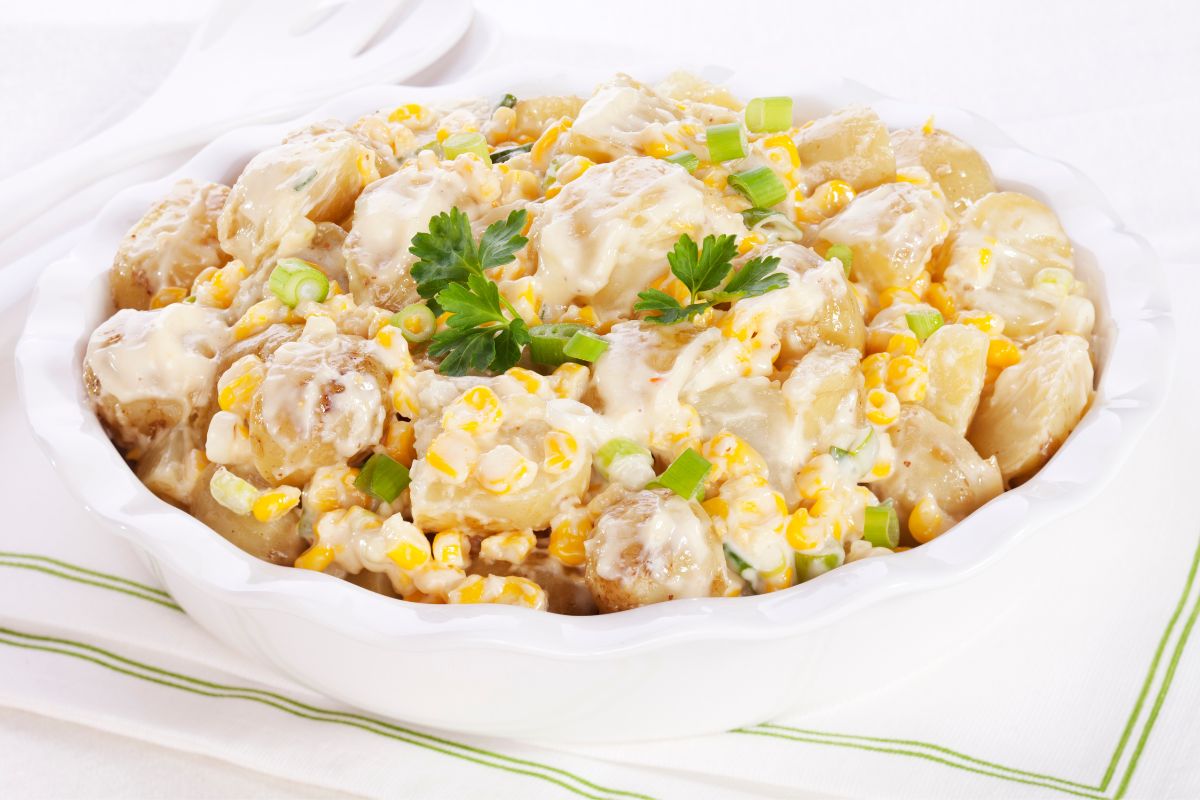 Holiday salad with corn, eggs, and mushrooms. Delicious!