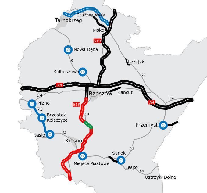 Zaplanowana Via Carpatia (S19) w woj. podkarpackim. Na czarno odcinki w eksploatacji, a na czerwono - w realizacji