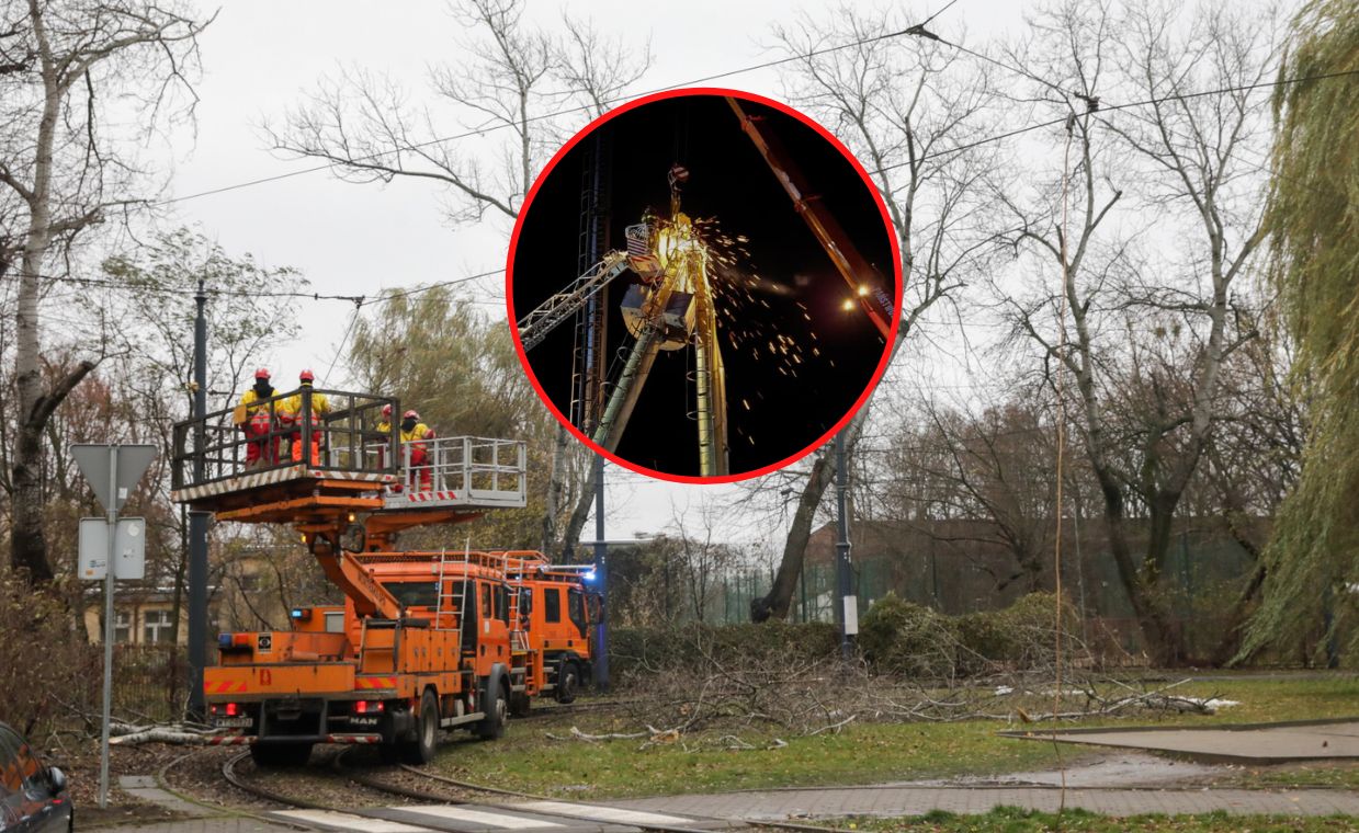 Naprawa trakcji tramwajowej uszkodzonej w wyniku upadku drzewa przy pętli Kawęczyńska-Bazylika w Warszawie. Na zdjęciu w kółku interwencja OSP w Rybnie Wielkim, gdzie przewrócił się komin