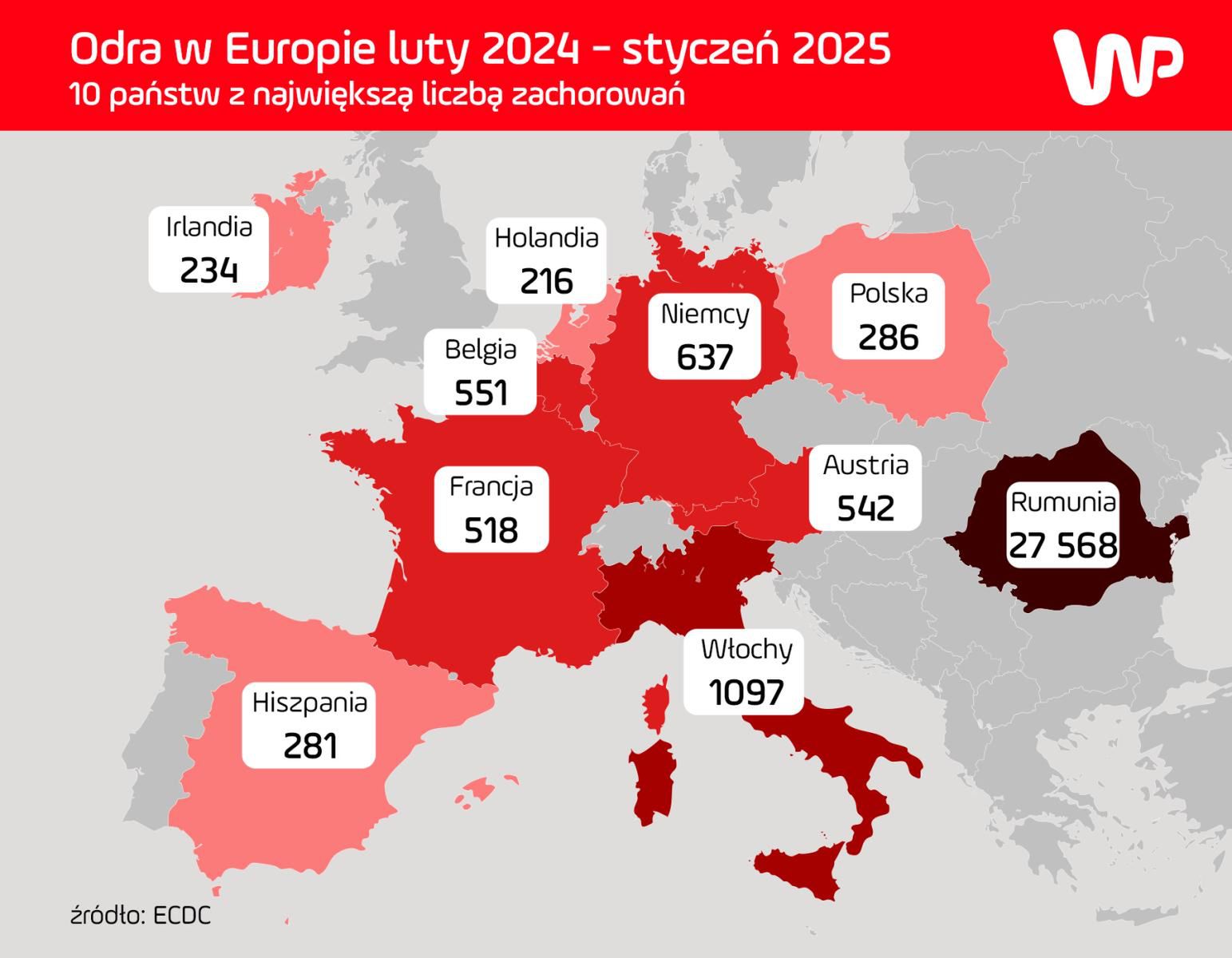 Mapa liczby przypadków odry w Europie (luty 2024 - styczeń 2025)