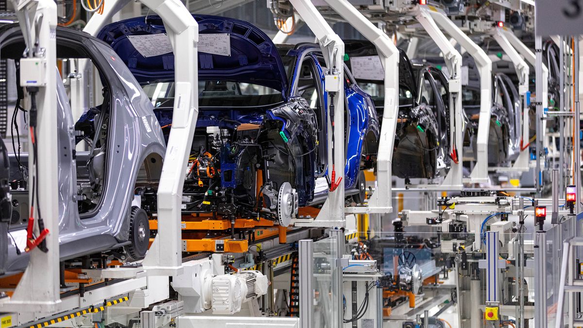 The bodies of Volkswagen AG (VW) ID.3 electric vehicles (EV) on the assembly line at the automaker's electric automobile plant in Zwickau, Germany, on Tuesday, April 26, 2022. The Zwickau assembly lines are the centerpiece of a plan by VW, the world's biggest automaker, to manufacture as many as 330,000 cars annually. Photographer: Krisztian Bocsi/Bloomberg via Getty Images
