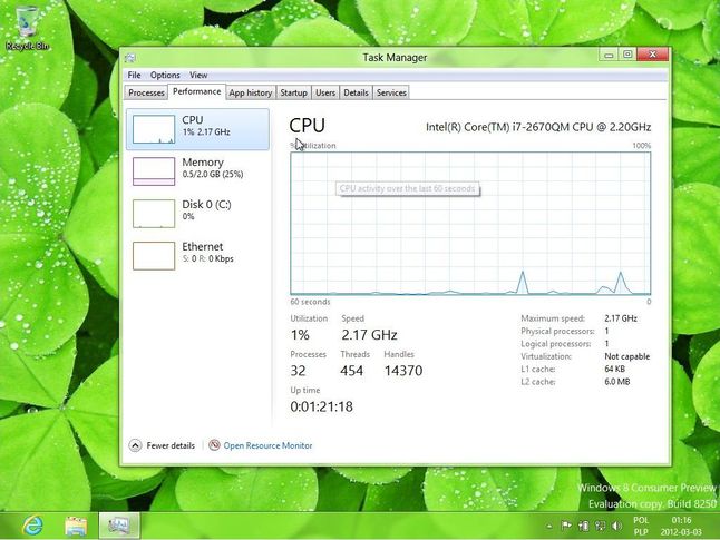 Windows 8 Consumer Preview - 1 rdzeń i 2 GB RAMu dają radę