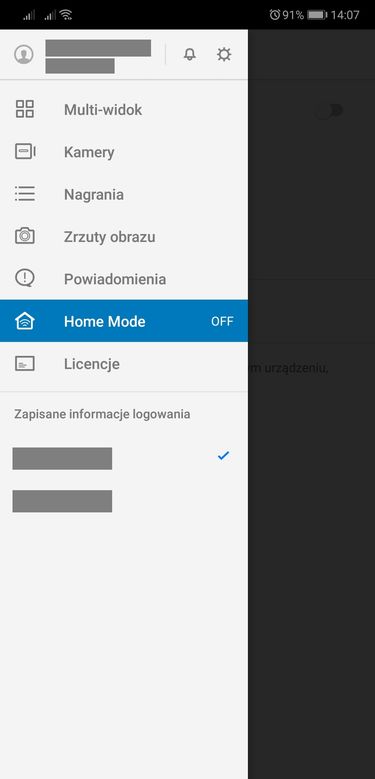 Synology DS Cam na Androidzie: menu główne zawiera najważniejsze skróty.