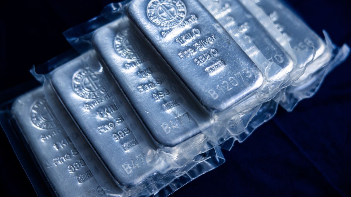 A selection of one kilogram silver bars at Conclude Zrt bullion dealer arranged in Budapest, Hungary, on Monday, Feb. 17, 2025. Gold advanced, following its biggest one-day decline in two months, on nervousness over President Donald Trump's latest trade threats. Photographer: Akos Stiller/Bloomberg via Getty Images