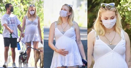Sophie Turner W ZAAWANSOWANEJ CIĄŻY eksponuje brzuszek na spacerze z Joe Jonasem, rodzicami i psami (ZDJĘCIA)