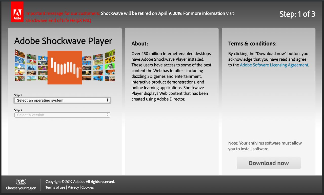 Informacja o końcu wsparcia na stronie pobierania Shockwave Player