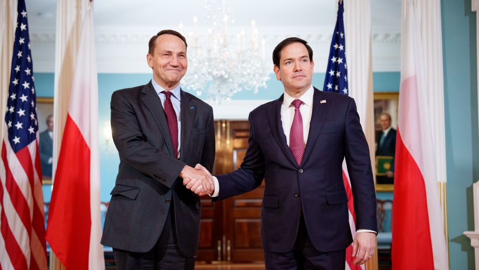 WASHINGTON, DC - FEBRUARY 21: U.S. Secretary of State Marco Rubio (R) greets Polish foreign minister Radoslaw Sikorski at the State Department on February 21, 2025 in Washington, DC. Sikorski is in the U.S. to attend meetings on the war in Ukraine. (Photo by Andrew Harnik/Getty Images)