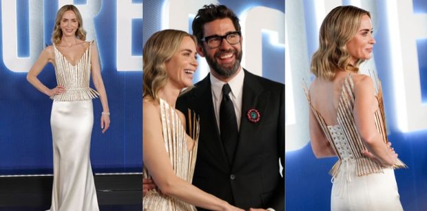 Emily Blunt w sukni z WIELKIM DEKOLTEM z czułością pozuje z MĘŻEM na czerwonym dywanie (ZDJĘCIA)