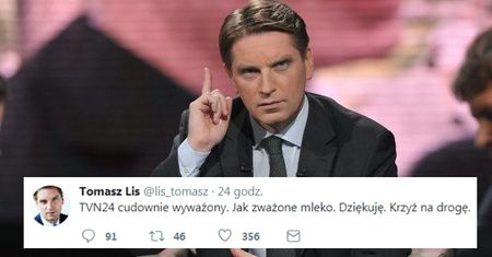 Tomasz Lis krytykuje TVN24, z błędem ortograficznym: "TVN24 wyważony jak ZWAŻONE MLEKO"