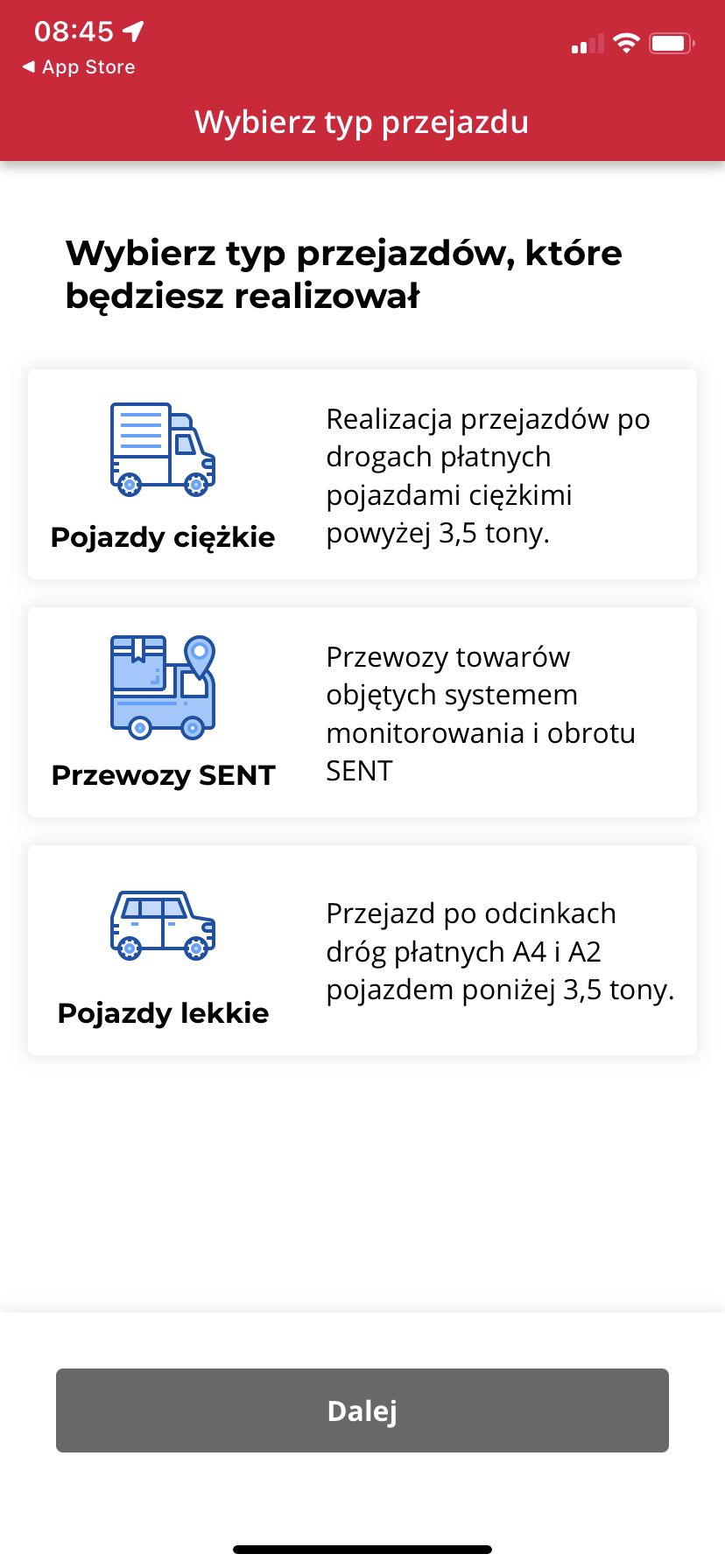 Wybór typu przejazdów w e-TOLL