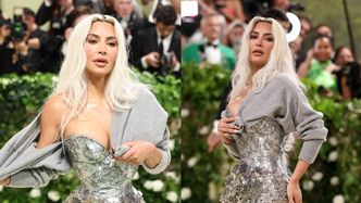 Kim Kardashian olśniewa na Gali MET 2024 w srebrnej sukni i cardiganie. Miała problem z wejściem po schodach (WIDEO)