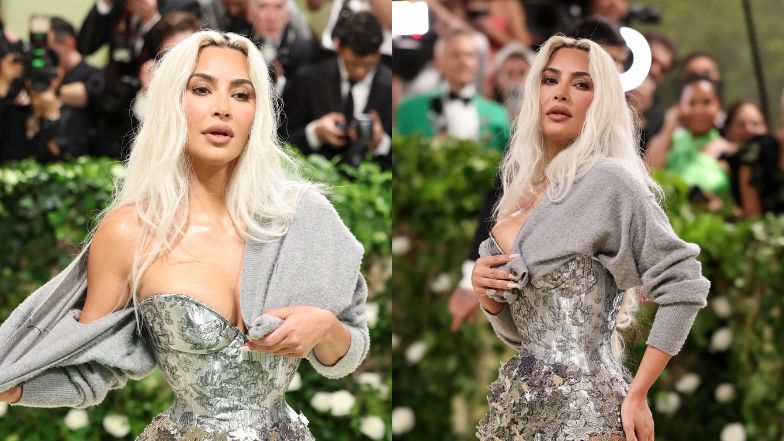 Kim Kardashian olśniewa na Gali MET 2024 w srebrnej sukni i cardiganie. Miała problem z wejściem po schodach (WIDEO)