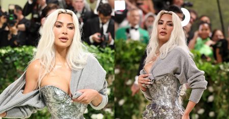 Kim Kardashian olśniewa na Gali MET 2024 w srebrnej sukni i cardiganie. Miała problem z wejściem po schodach (WIDEO)