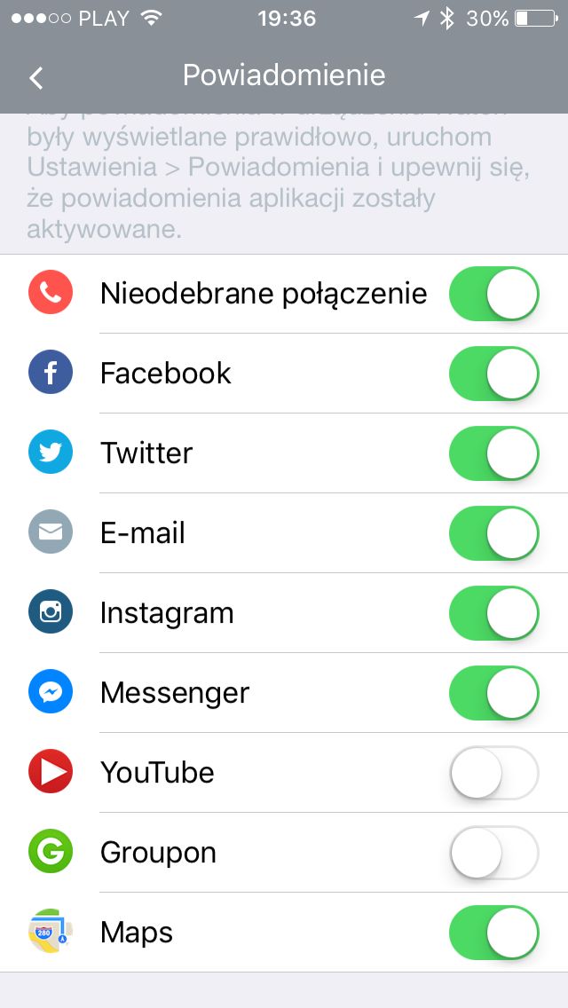 Lista aplikacji jakie mogą wysłać nam komunikaty na zegarek nie jest zbyt wielka, jednak znajdziemy w niej to co najpotrzebniejsze.