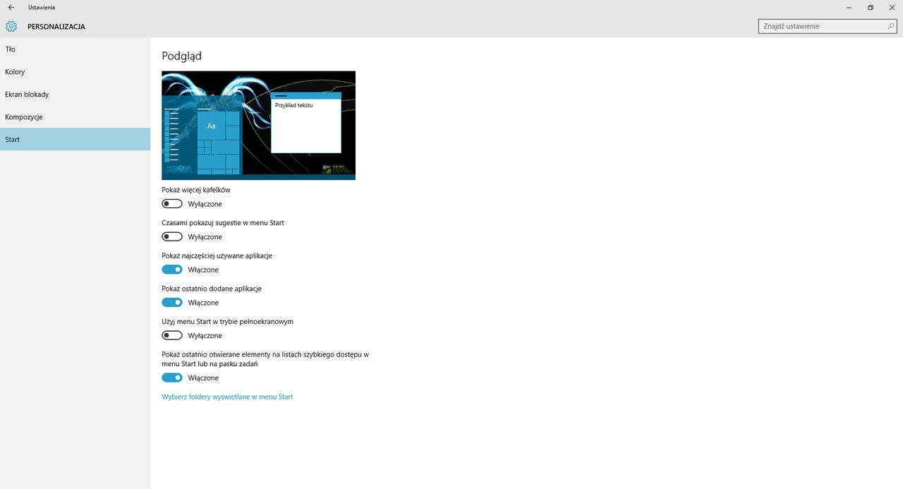 (Windows 10) Ustawienia -&gt; Personalizacja -&gt; Start