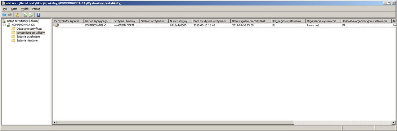 Oto, jak może wyglądać centrum certyfikacji (Windows Server 2008 R2)
