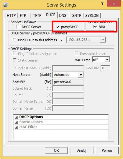 Serva - Ustawienia w zakładce DHCP