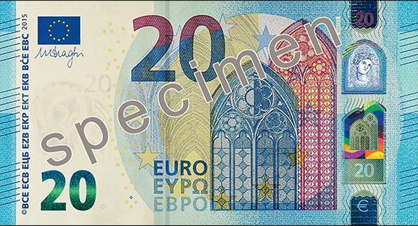 nowy banknot 20 euro, który trafi do obiegu w listopadzie 2015 r.