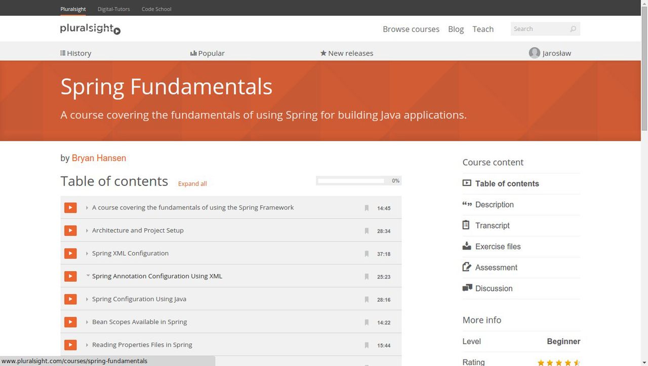 Spis treści kursu Spring Fundametals w serwisie PluralSight