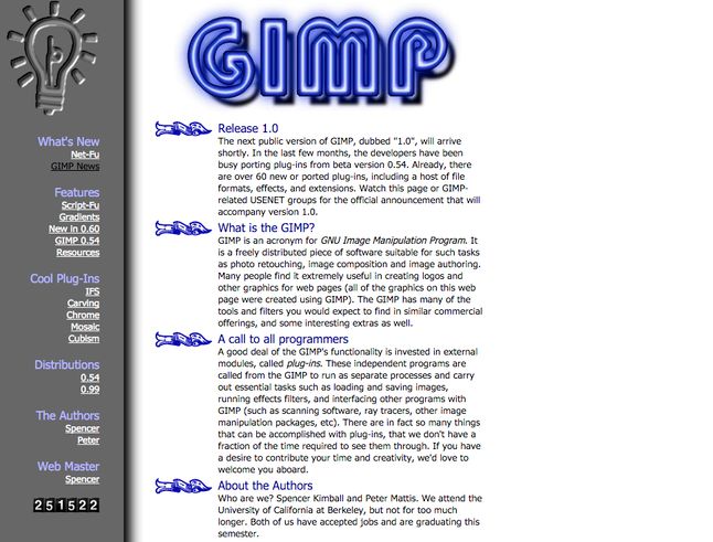 Strona GIMP-a z 1998 roku