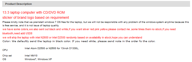 Typowe ogłoszenie z popularnego w Polsce chińskiego serwisu: tani laptop z darmowym Windows 7