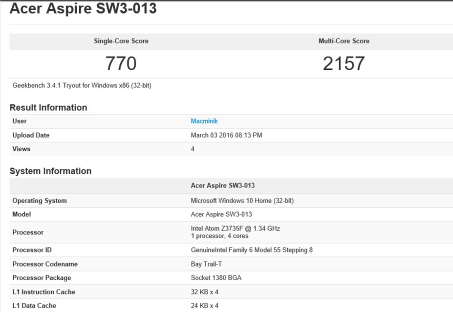 Geekbench 3. Wynik 2157 pkt to tylko 10% mniej, niż MacBook Pro z 2009 roku.