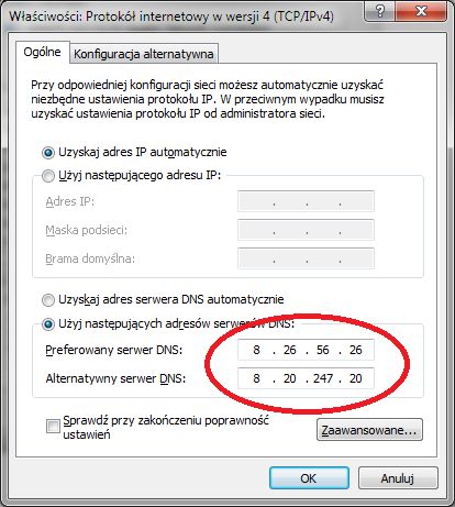Zmienione ustawienia DNS na serwery COMODO