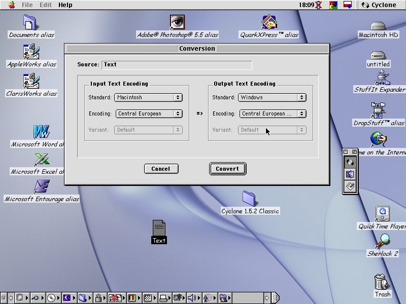 Cyclone, jeden z wielu konwerterów tekstu pomiędzy platformami Mac OS, Windows, DOS, Unix i kilkoma innymi.