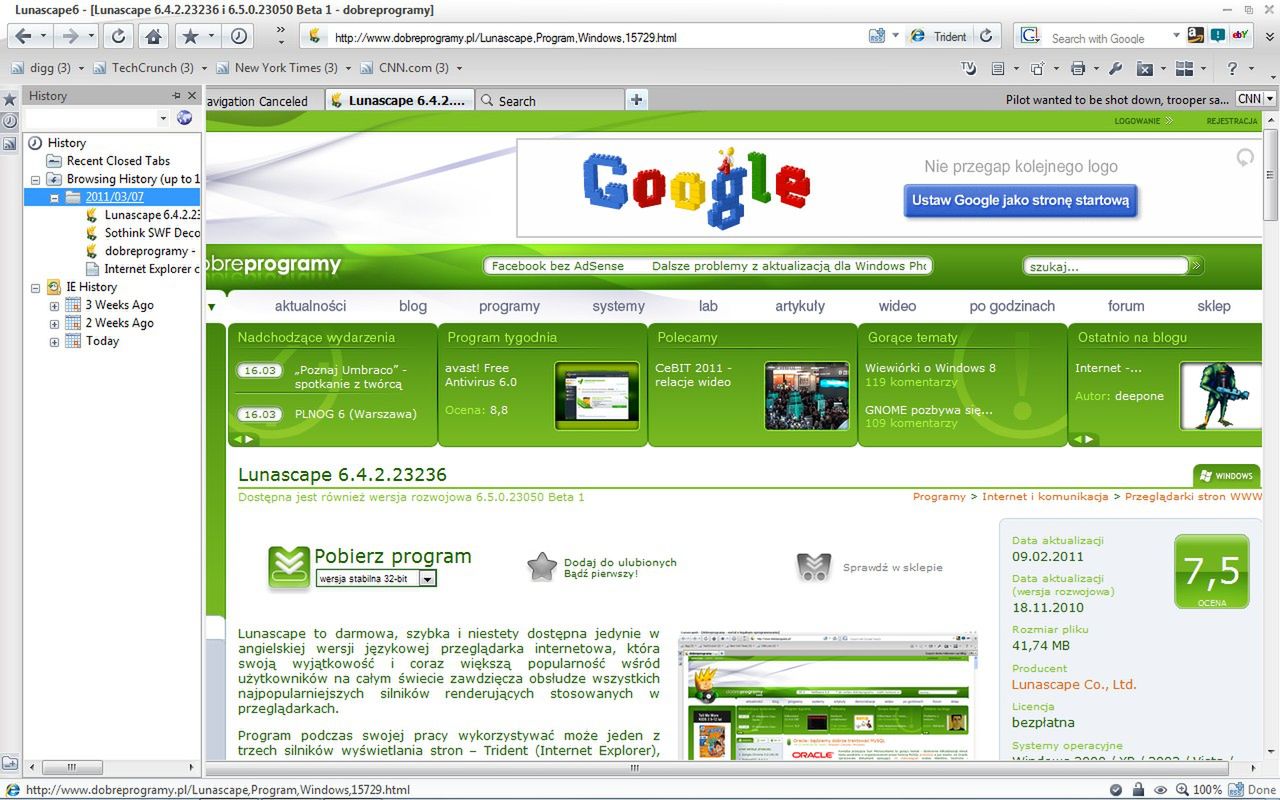 Lunascape - historia wyszukiwań