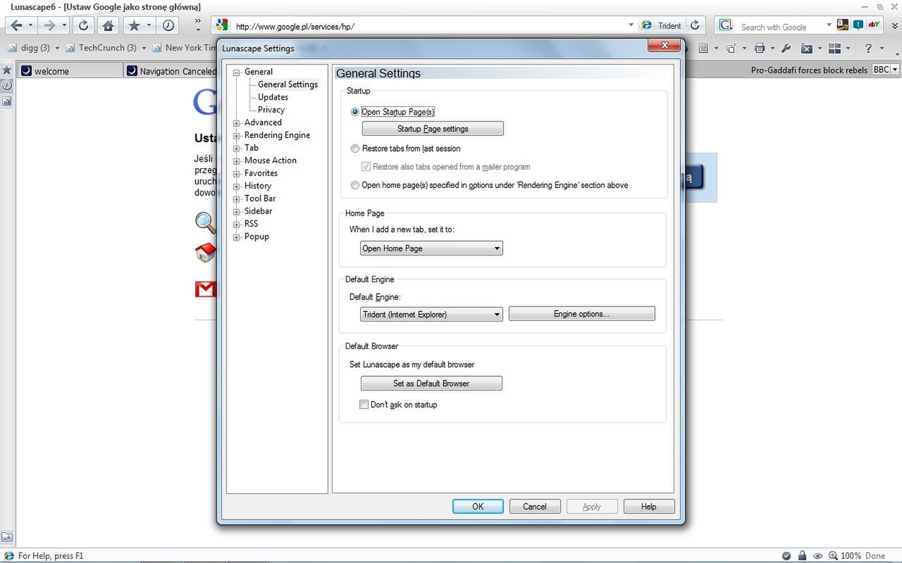 Lunascape - ustawienia programu