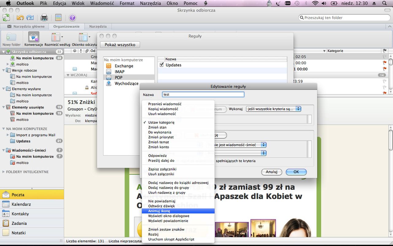 Lista akcji dostępnych dla reguł jest dość długa