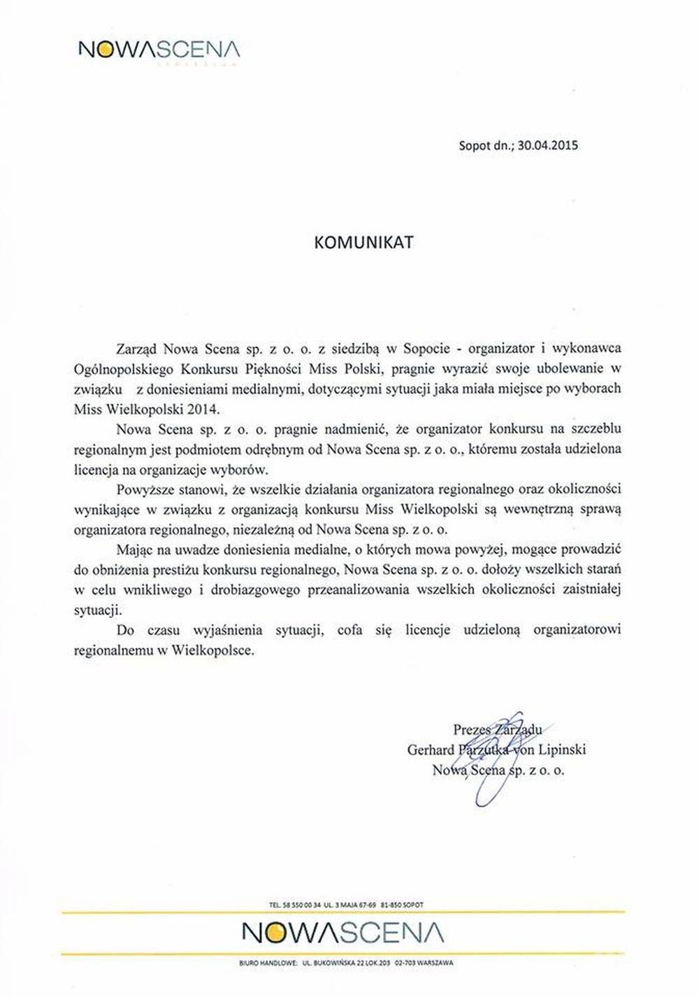 Komunikat Biura Miss Polski dotyczący konkursu regionalnego Miss Wielkopolski.
