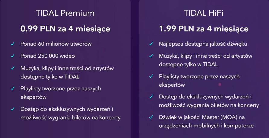 Dwa atrakcyjne pakiety, ale tylko dla nowych użytkowników (fot. Tidal)