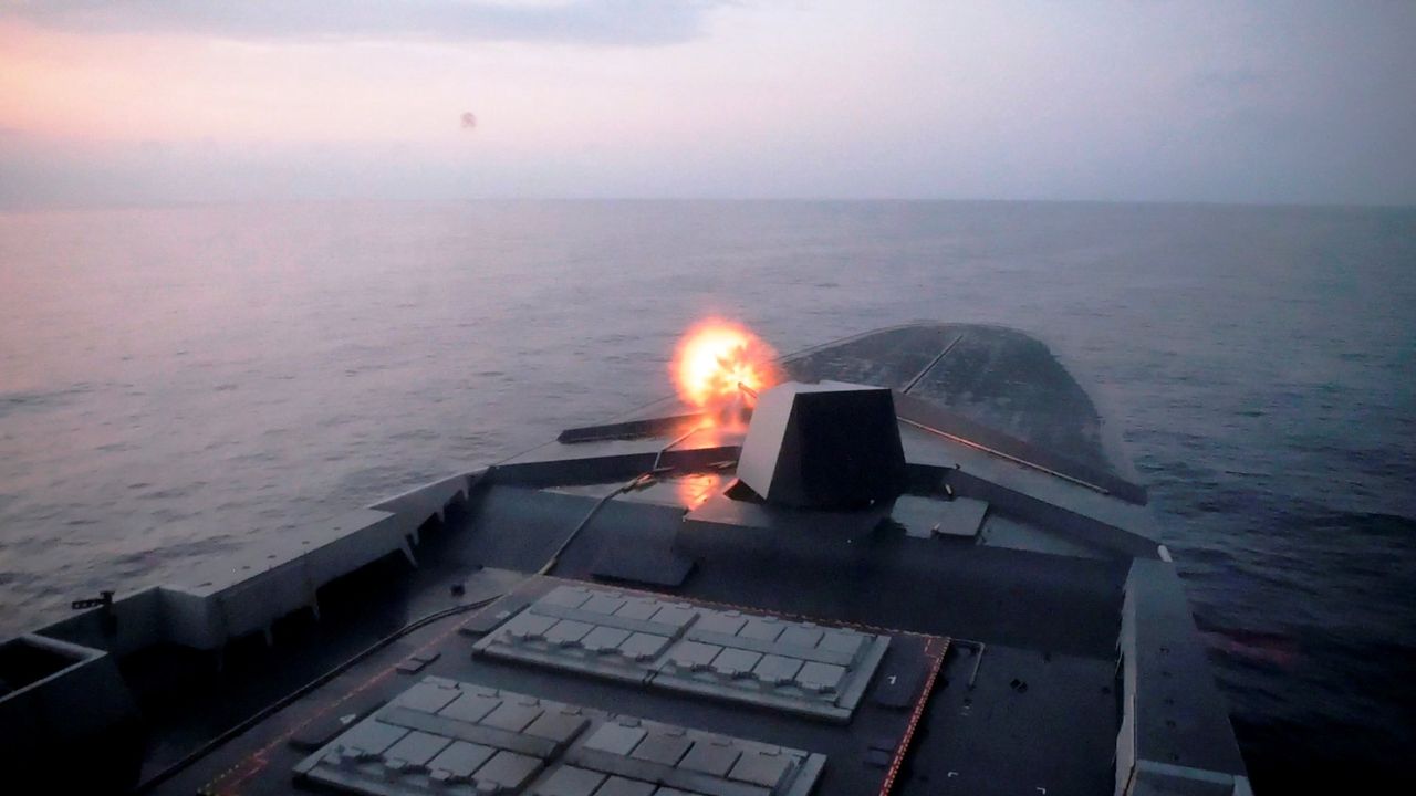 View from the deck of the French frigate FREMM, which shot down a Hutich drone using the Leonardo 76 mm Super Rapido cannon.