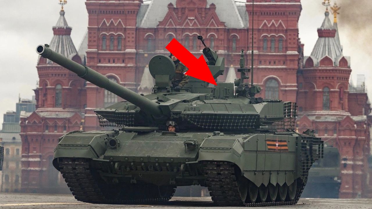 Czołg T-90M ze zmodyfikowaną kopułą Sosny-U - widoczne odchylane, pancerne osłony