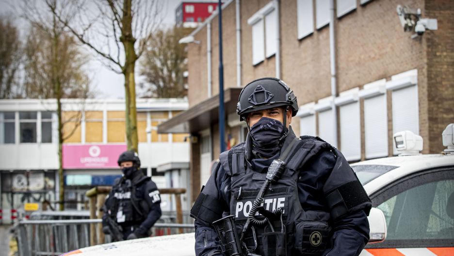Marengo criminal court case
AMSTERDAM, NETHERLANDS - APRIL 12: Heavily armed police officers are seen guarding the Bunker criminal court for a court day in the Marengo criminal court case on April 12, 2021 in Amsterdam, Netherlands. (Photo by Patrick van Katwijk/BSR Agency/Getty Images)
BSR Agency