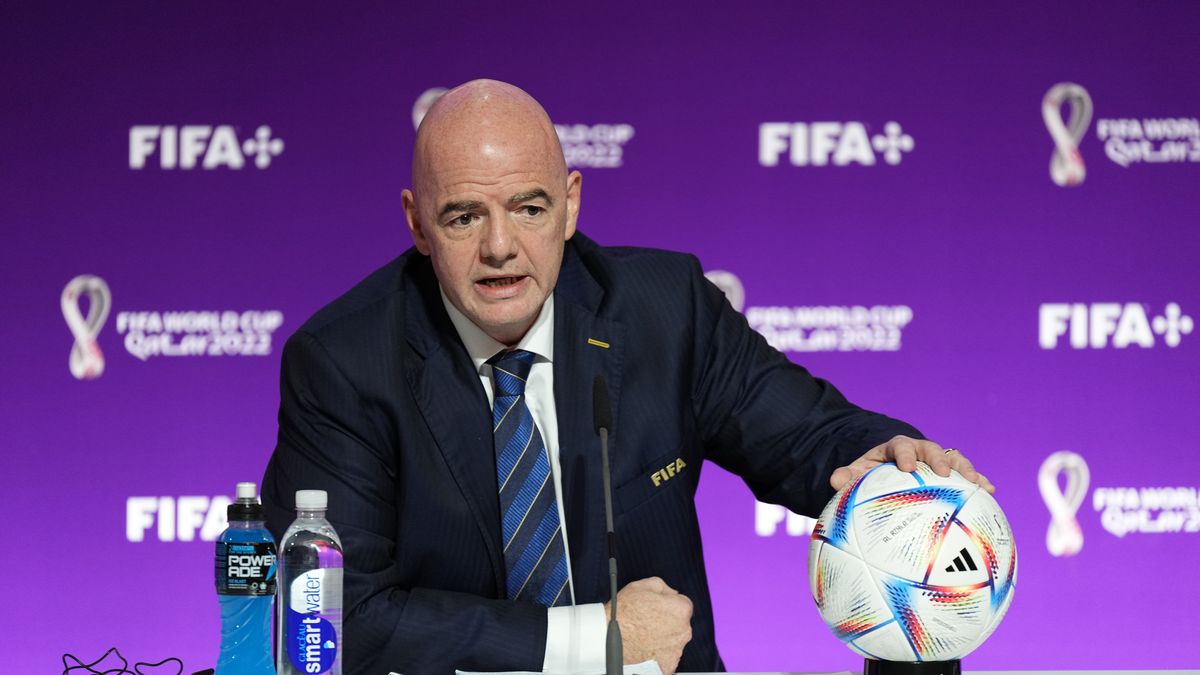 DOHA, QATAR - NOVEMBER 19: FIFA President Gianni Infantino speaks during a press conference at the Main Media Centre ahead of the FIFA World Cup 2022 on November 19, 2022 in Doha, Qatar. (Photo by Cui Nan/China News Service via Getty Images)