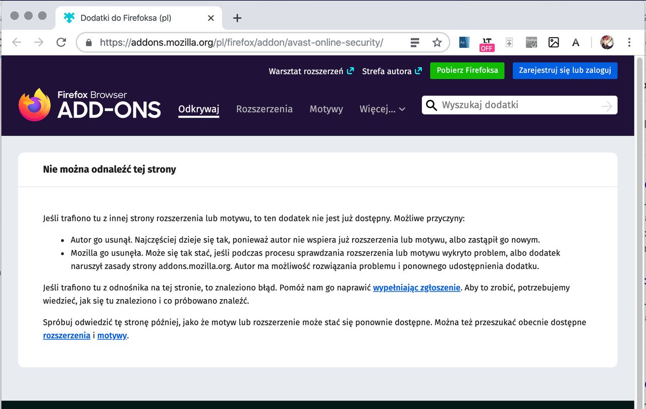 Tu znajdowało się rozszerzenie Avast Online Security dla Firefoxa
