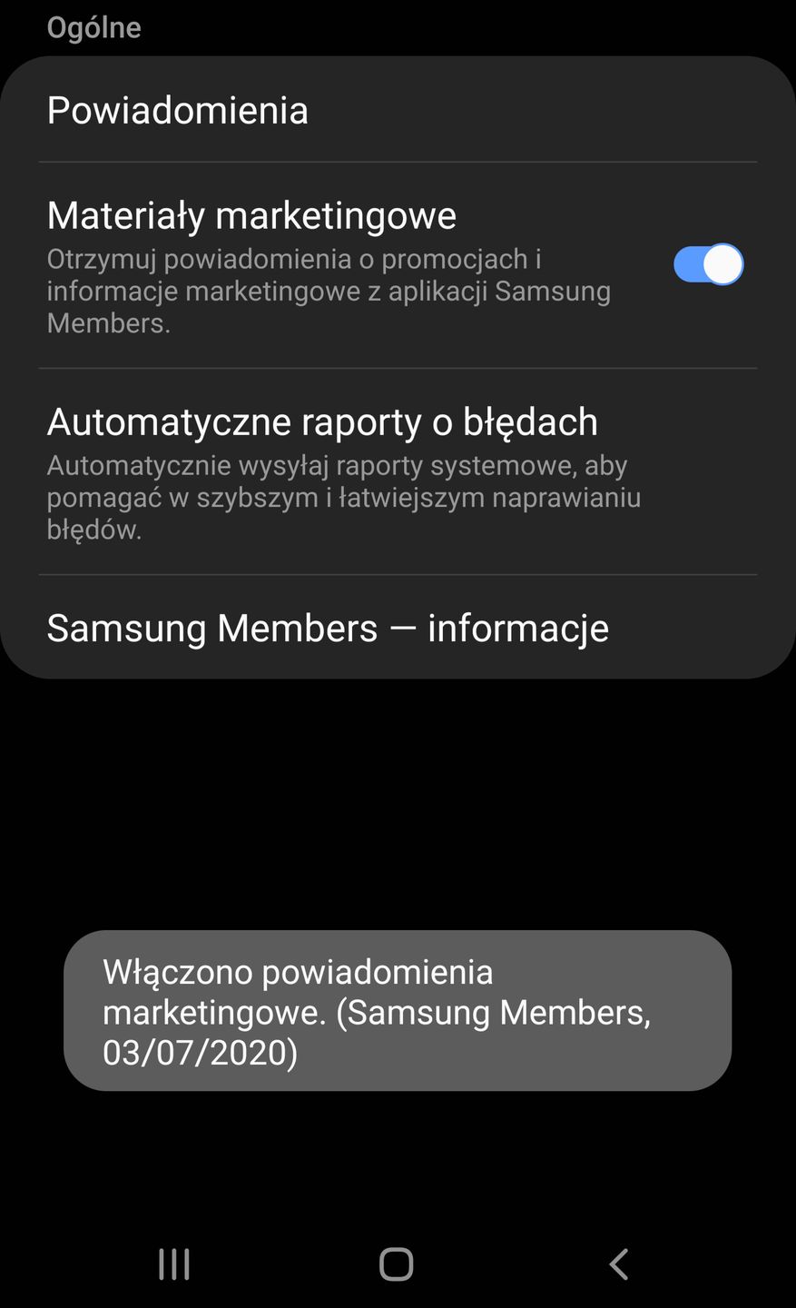 Po przełączeniu opcji otrzymamy taki komunikat