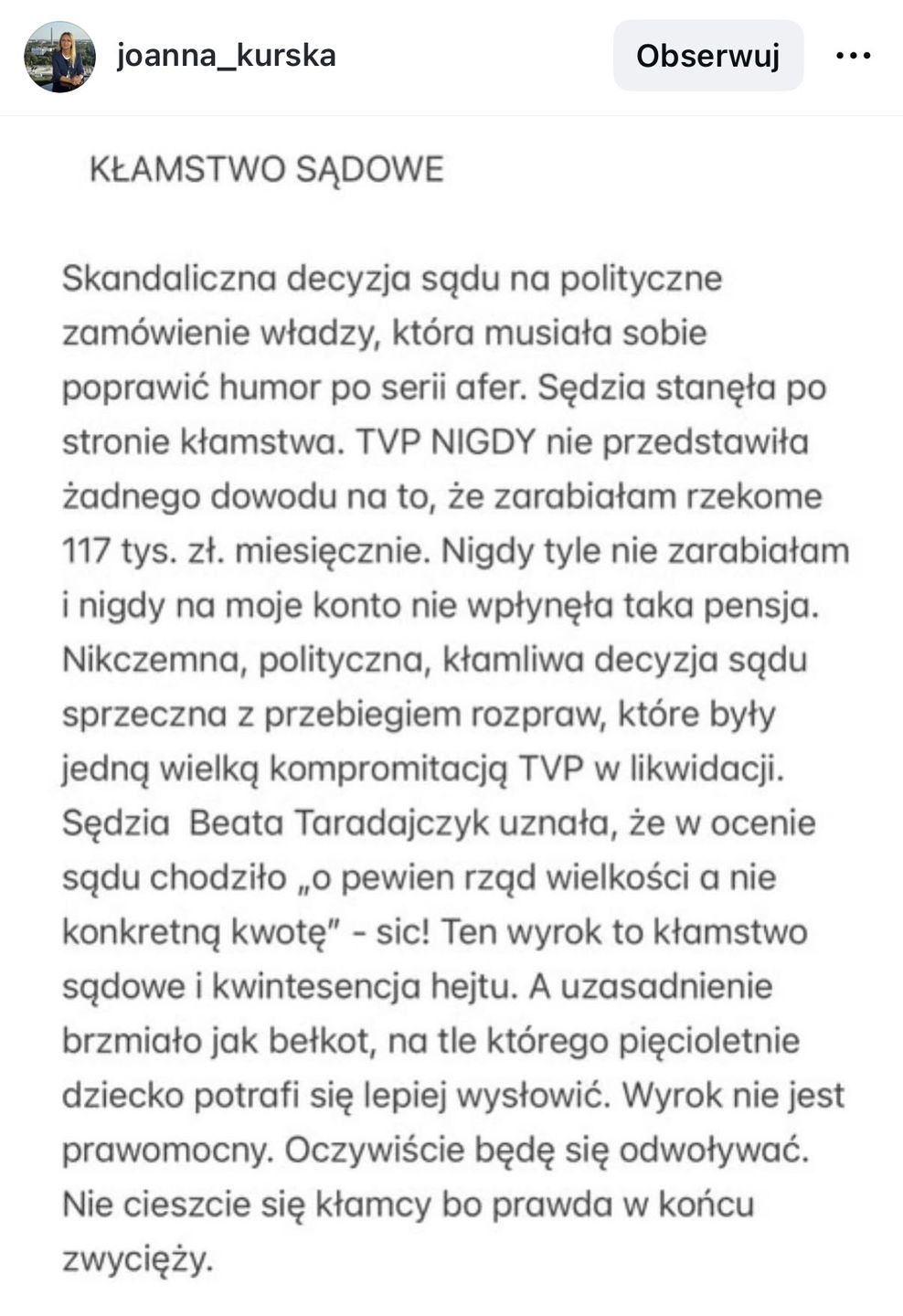 Joanna Kurska komentuje wyrok 