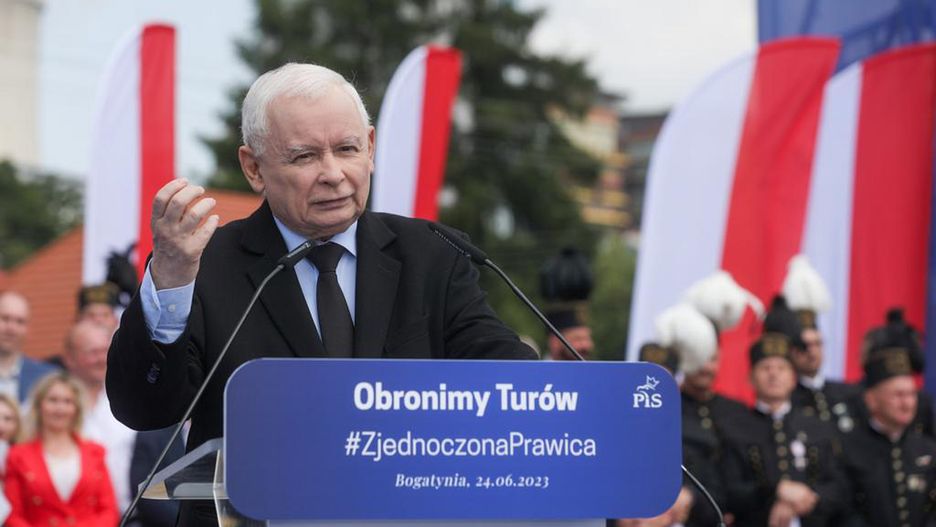 Jarosław Kaczyński podczas wiecu w Bogatyni
