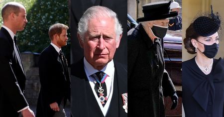 Pogrzeb księcia Filipa: zapłakany Karol, Harry i William idą ramię w ramię, królowa Elżbieta w maseczce zachowuje dystans (ZDJĘCIA)