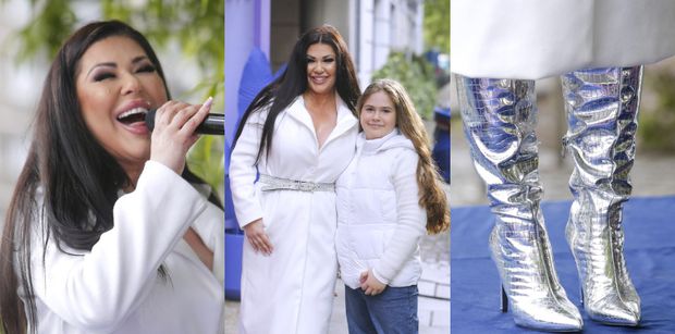 Iwona Węgrowska paraduje pod studiem "DDTVN" w srebrnych kozakach i w towarzystwie 9-letniej córki
