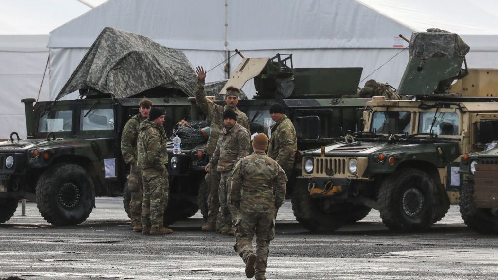 U.S. Military Base At Arlamow Airport In Poland
U.S. soldiers of the 82nd Airborne Division and military vehicles are seen at the temporary military base for U.S. troops established at the Arlamow Airport. Wola Korzeniecka, the Podkarpackie Voivodeship, Poland on February 23, 2022. U.S. troops have arrived as reinforcements for its various NATO allies in Eastern Europe, including Poland, as Russian invasion of Ukrain has begun. (Photo by Beata Zawrzel/NurPhoto via Getty Images)
NurPhoto
polish, european, wola, korzeniecka, arlamow, soldier, vehicle, deployment, transport, russian, invasion, united, states, of, america, american, base, troops, u.s. soldiers, u.s. troops, various nato allies, temporary military base, military vehicles, arlamow airport, wola korzeniecka, russian invasion, reinforcements, ukrain