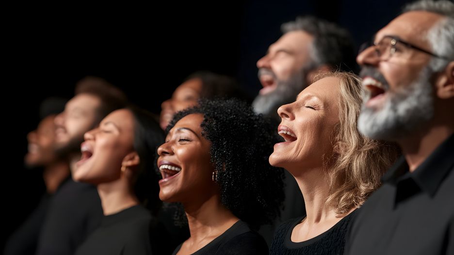 choir, singing, music, performance, voices, harmony, ensemble, group, people, black, dark, expressions, joy, passion, emotion, stage, studio, light, sound, vocal, melody, rhythm, together, united, artistic, culture, entertainment, performance art, vocalists, open, mouths, faces, diverse, adults, seniors, men, women, close up, portrait, horizontal, indoors, studio shot