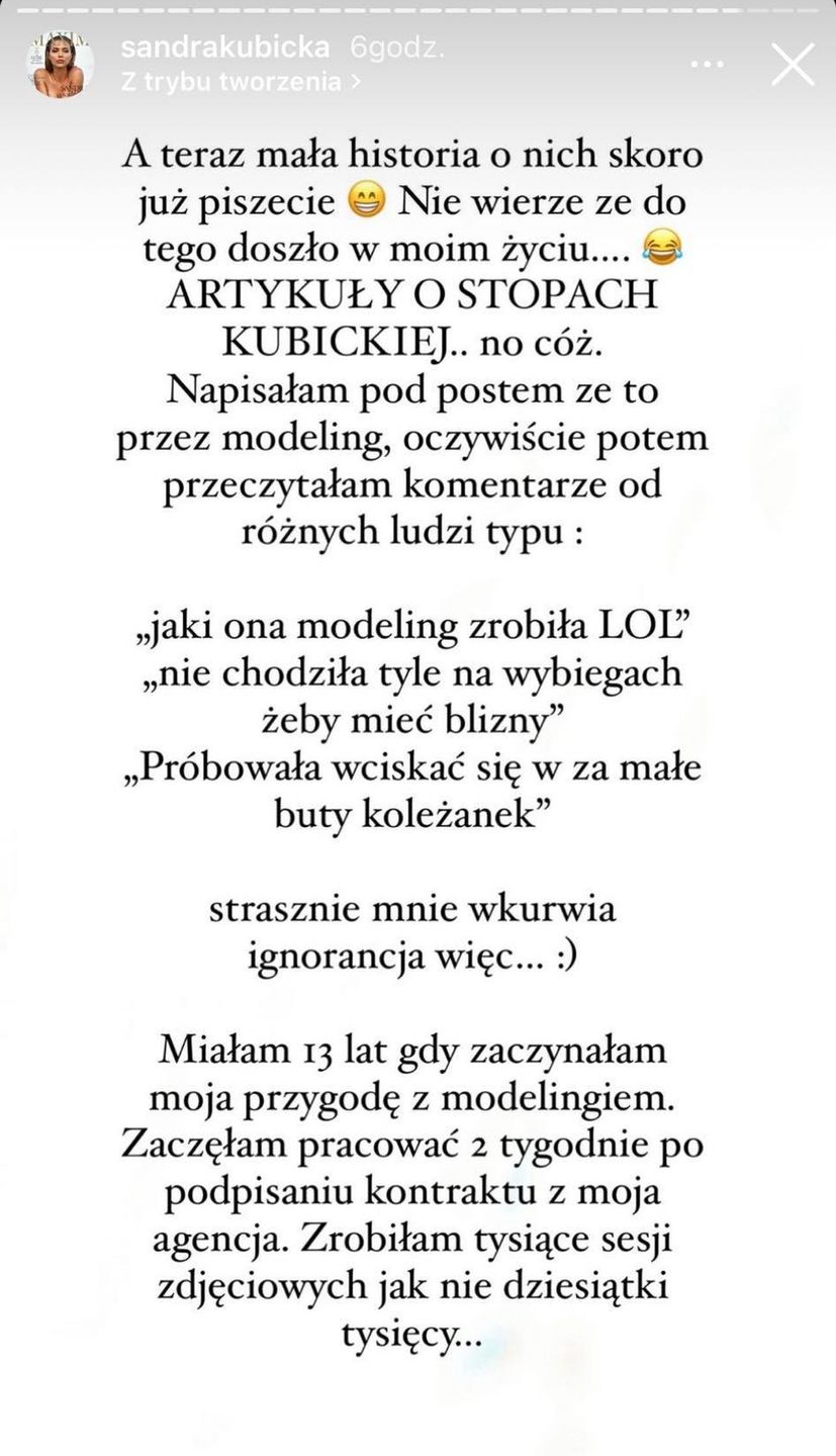 Sandra Kubicka tłumaczy się za swoje stopy