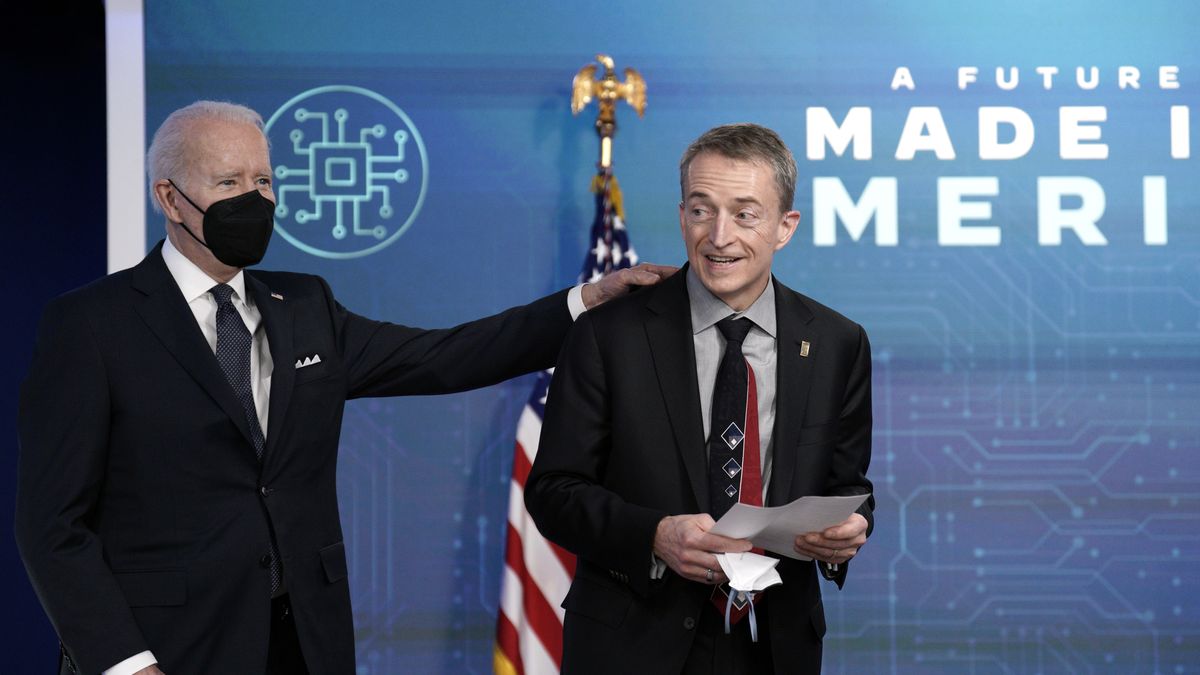 U.S. President Joe Biden greets Patrick Gelsinger, chief executive officer of Intel Corp., right, during an event on semiconductors in the Eisenhower Executive Office Building in Washington, D.C., U.S., on Friday, Jan. 21, 2022. Biden said his administration is working to increase the supply of semiconductors and rebuild the supply chain in the United States. Photographer: Yuri Gripas/Abaca/Bloomberg via Getty Images