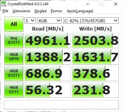 MSI Prestige 14 Evo - test CystalDiskMark wysoka zajętość