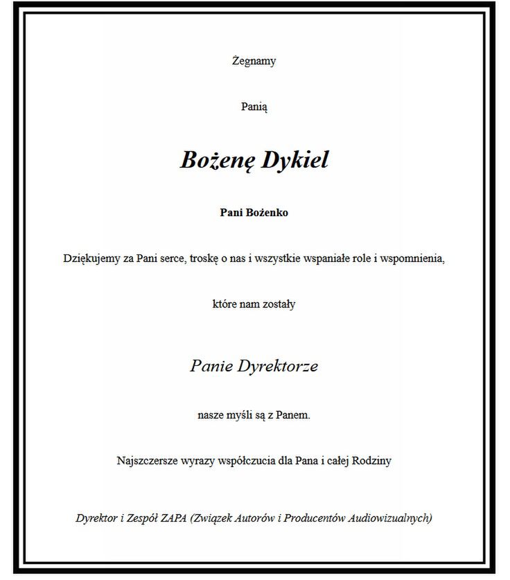 Nekrolog Bożeny Dykiel